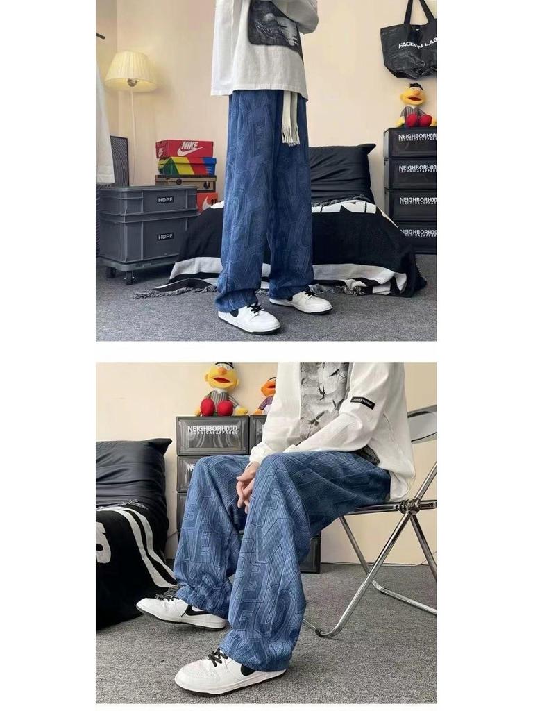 Herren Kordhose mit Allover-Print, weitem Bein - Trendiger Casual Hong Kong Stil