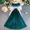 Elegant Gradient Shiny Pleated Dress Cape Shoulder Pearl Beads 3D Floral Applique Scalloped Waist Belt A Line Midi Dress