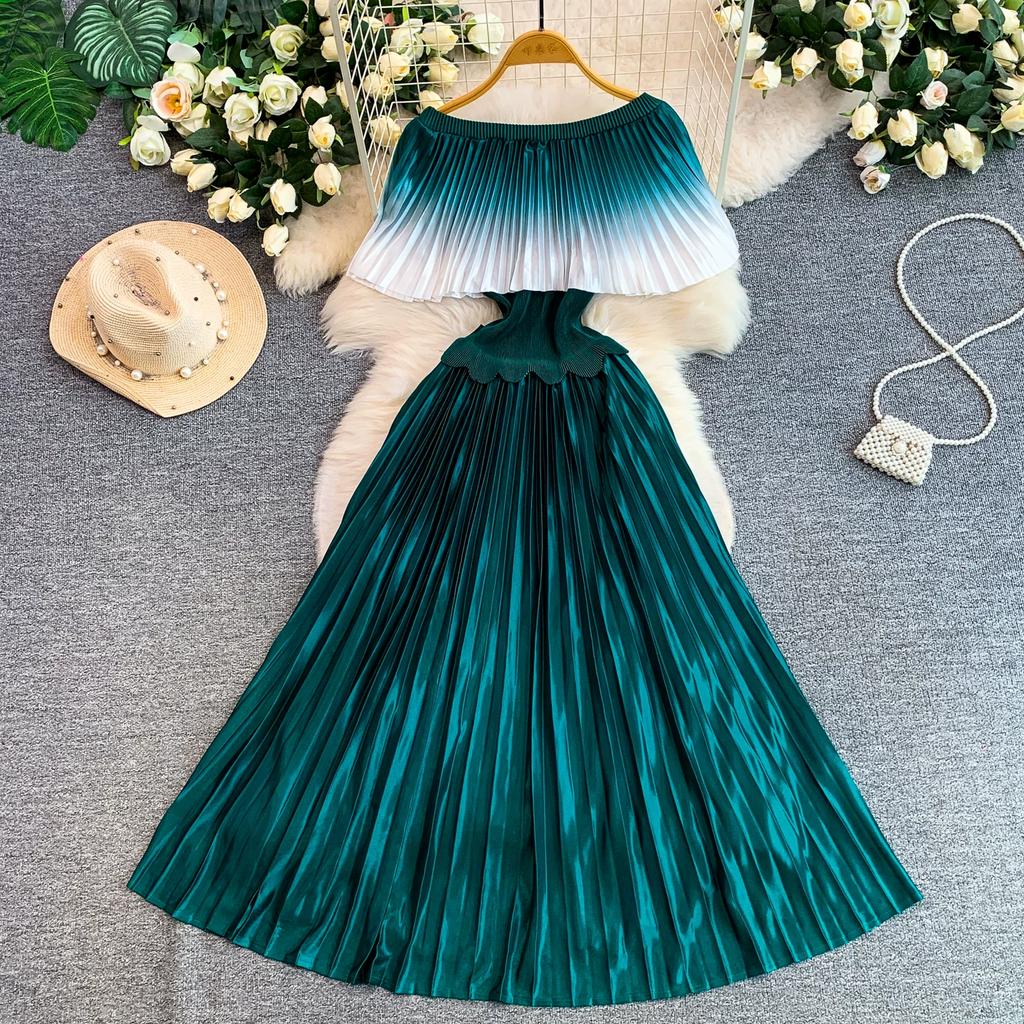 Elegant Gradient Shiny Pleated Dress Cape Shoulder Pearl Beads 3D Floral Applique Scalloped Waist Belt A Line Midi Dress