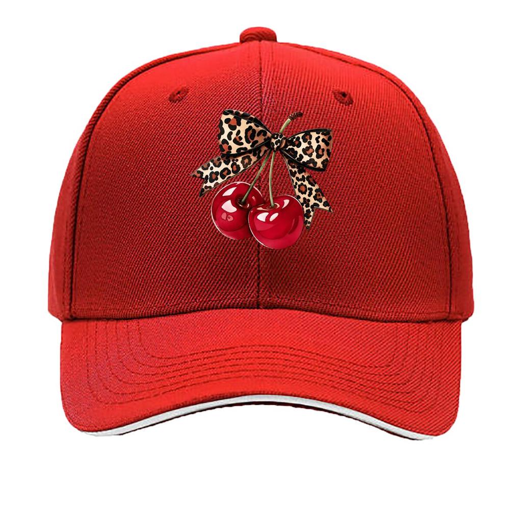 Leopard Print Bow Red Cherry Graphic Design Sandwich Baseball Cap Unisex Women Sun Cap Outdoor Workouts Hat