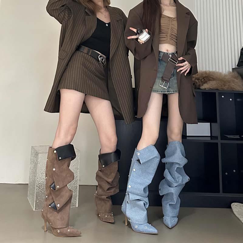 Cowboy Pleated Pile Boots Women's Two Wear Long Boots High Boots Spice Girls Stiletto Pointed Knight Boots