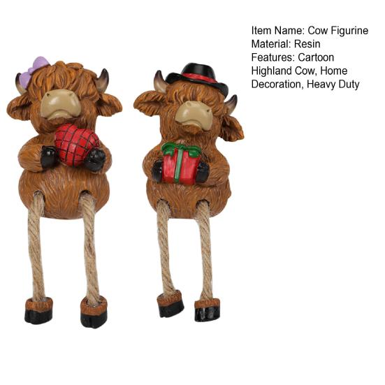 2Pcs Cartoon Highland Cow Figurine Couple Highland Cattle Statue Resin Sculpture Outdoor Garden Flower Pot Hugger Ornament Decoration