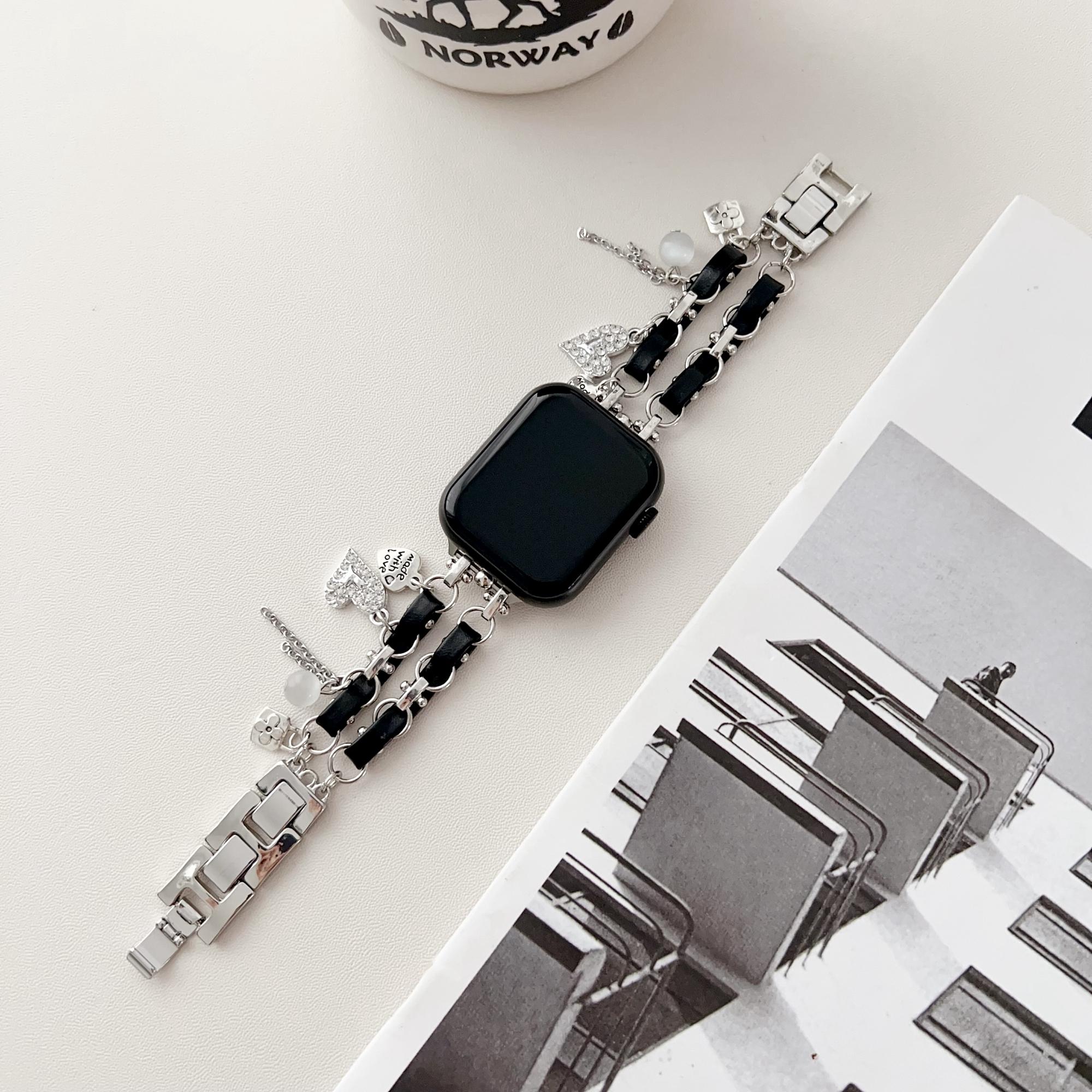 

Гарний ремінець-підвіска для Apple Watch Series 10 42mm/9 8 7 41mm/SE (2023) SE (2022) SE 6 5 4 40мм/3 2 1 38мм Цинковий сплав+шкіряний ремінець Silver+Black