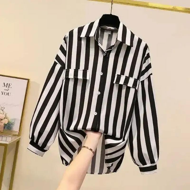 women s striped loose shirt long sleeve top XL чёрный