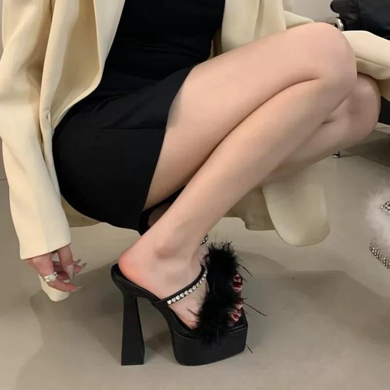Fashion 2025 Summer 10cm High Heel Slippers Women New Style Thin Heel Platform Square Head Thick Bottom Black Hairy Sandals Shoes Women