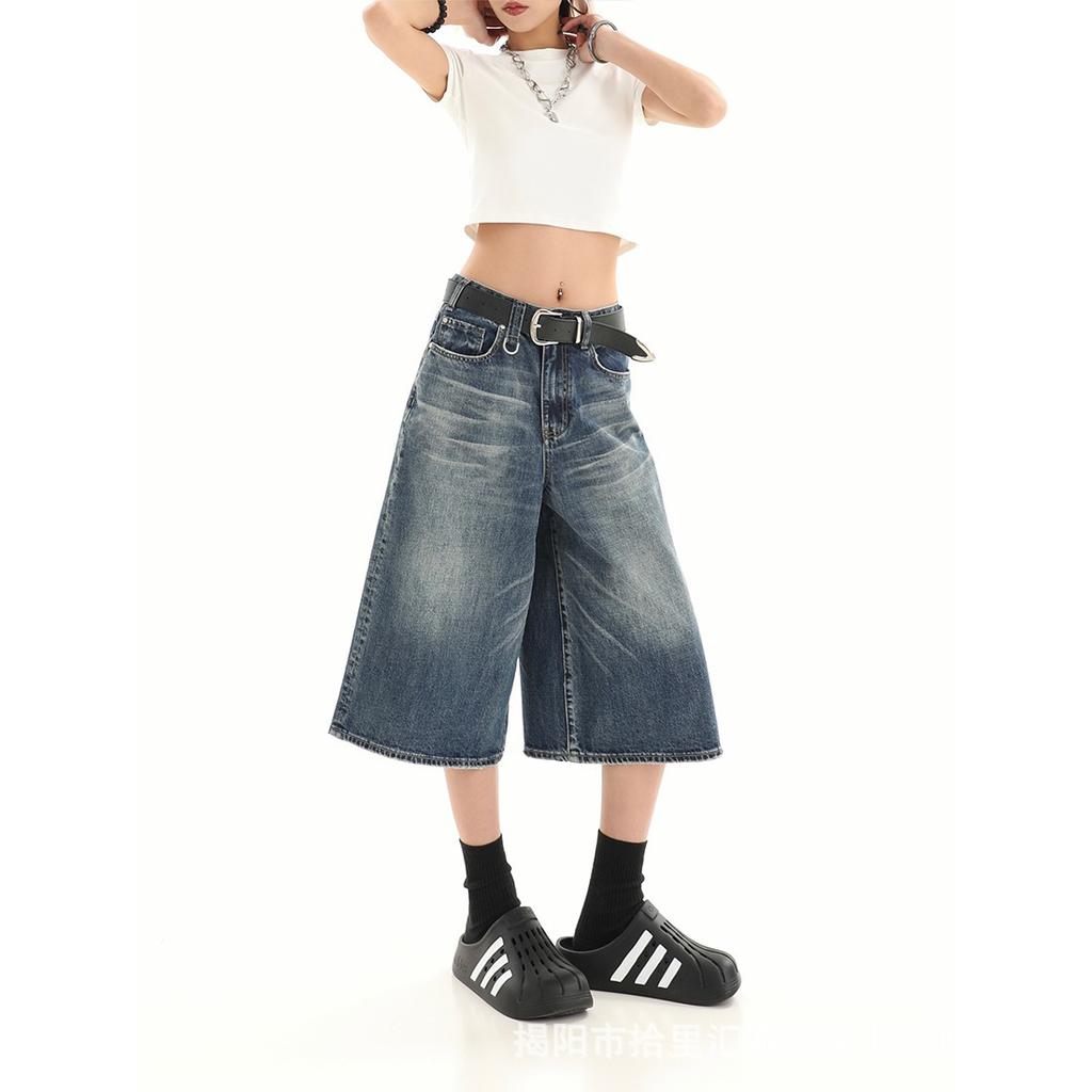 Summer American Retro Loose Small Man Distressed Cropped Denim High Street Design Sense Wide-leg 7-point Pants Summer