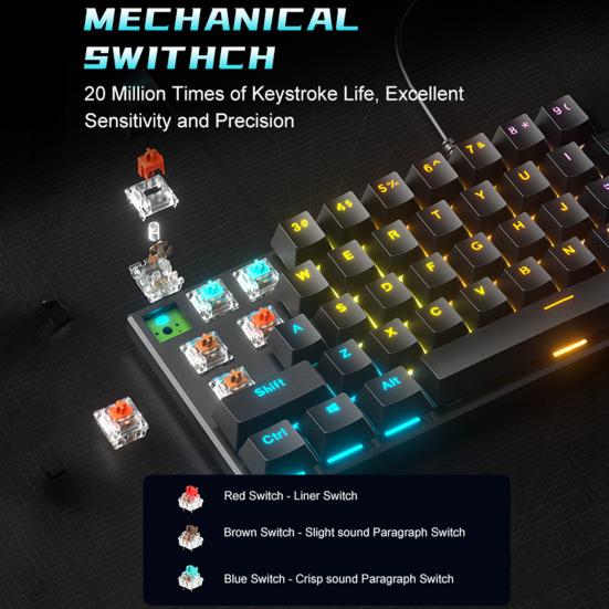 61-клавишная механическая клавиатура с эффектами RGB-подсветки, эргономичный дизайн, регулируемая универсальная проводная игровая клавиатура Plug-Play