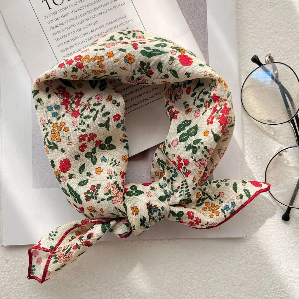 Silk Scarf Small Square Women'S Cotton And Linen Fresh Small Floral Encrypted Decorative Retro Headband Korean Version Exquisite