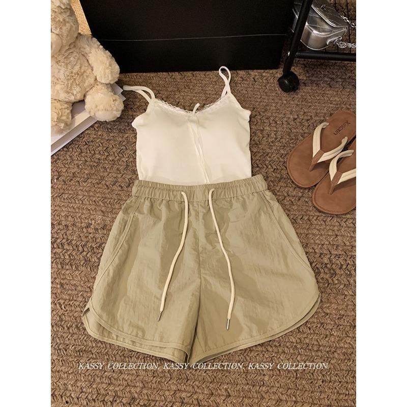 Sports Style New Elastic Waist Drawstring Casual Pants for Women's Summer New High-waist Loose Wide-leg Pants Three-point Shorts
