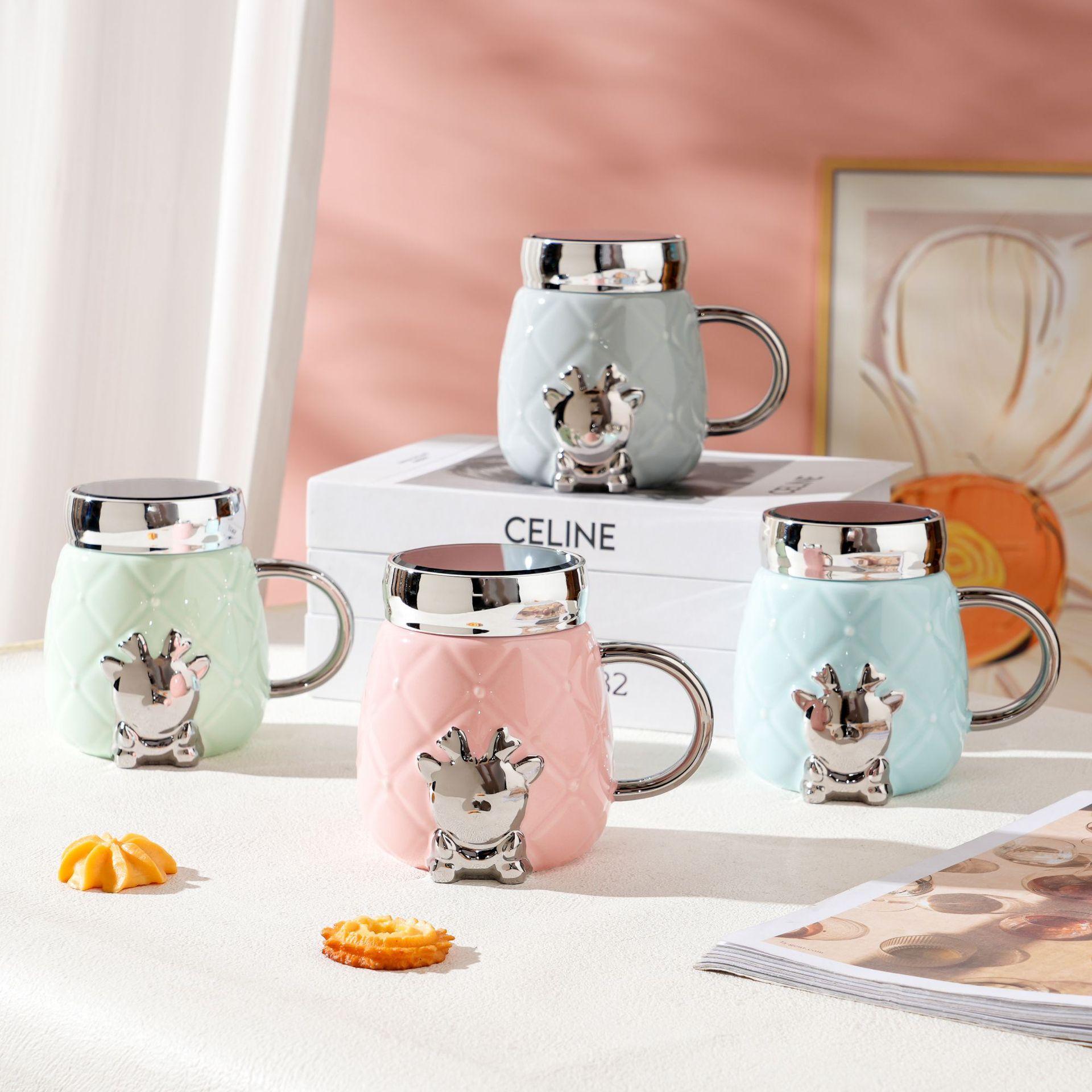 

Зеркальная кружка с крышкой и ручкой в виде оленя, симпатичная керамическая кружка для дома, подарочный набор, чашка для воды, мультяшная кружка 420ML