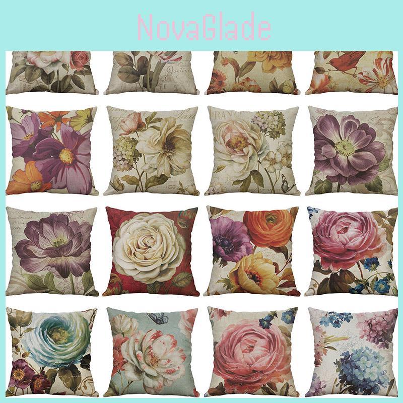 Premium Retro Flower Linen Pillow Case For Stylish Sofa Home Decor 18 Inches