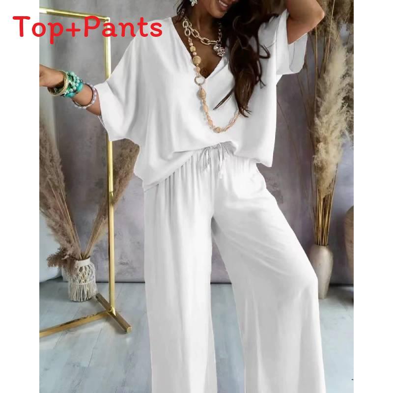 Relaxed Fit Womens V Neck Batwing Sleeve Pantsuit With Tie Detail For Casual Summer Wear