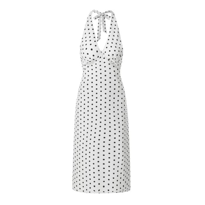 White Polka Dot V-Neck Halter Dress with Off-Shoulder Backless Bell-Shaped Skirt Extra Large