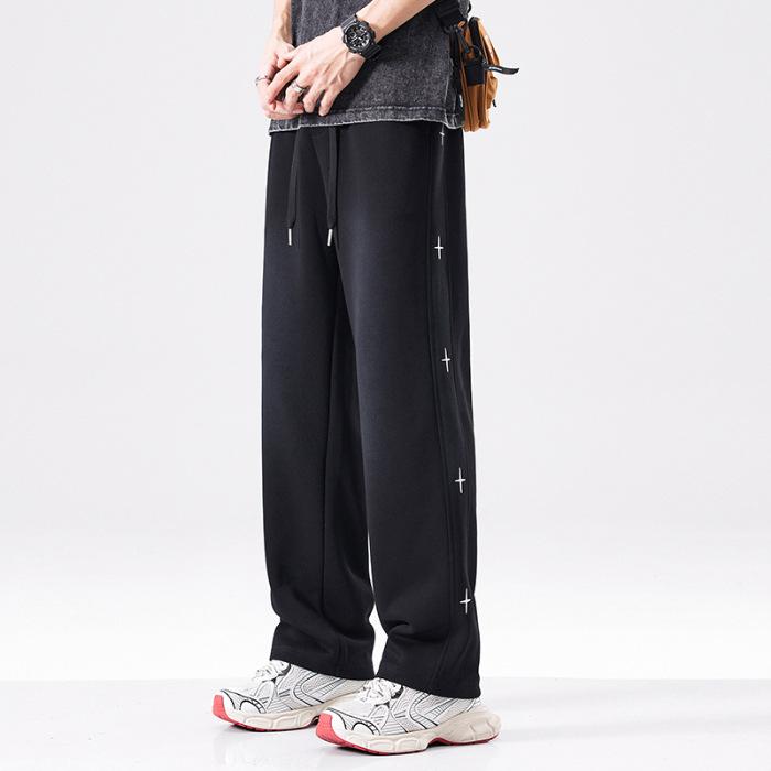 Minger | Spring New Cross Embroidery Heavy Sweatpants Men's American Trend Brand Loose Wide Leg Straight Pants