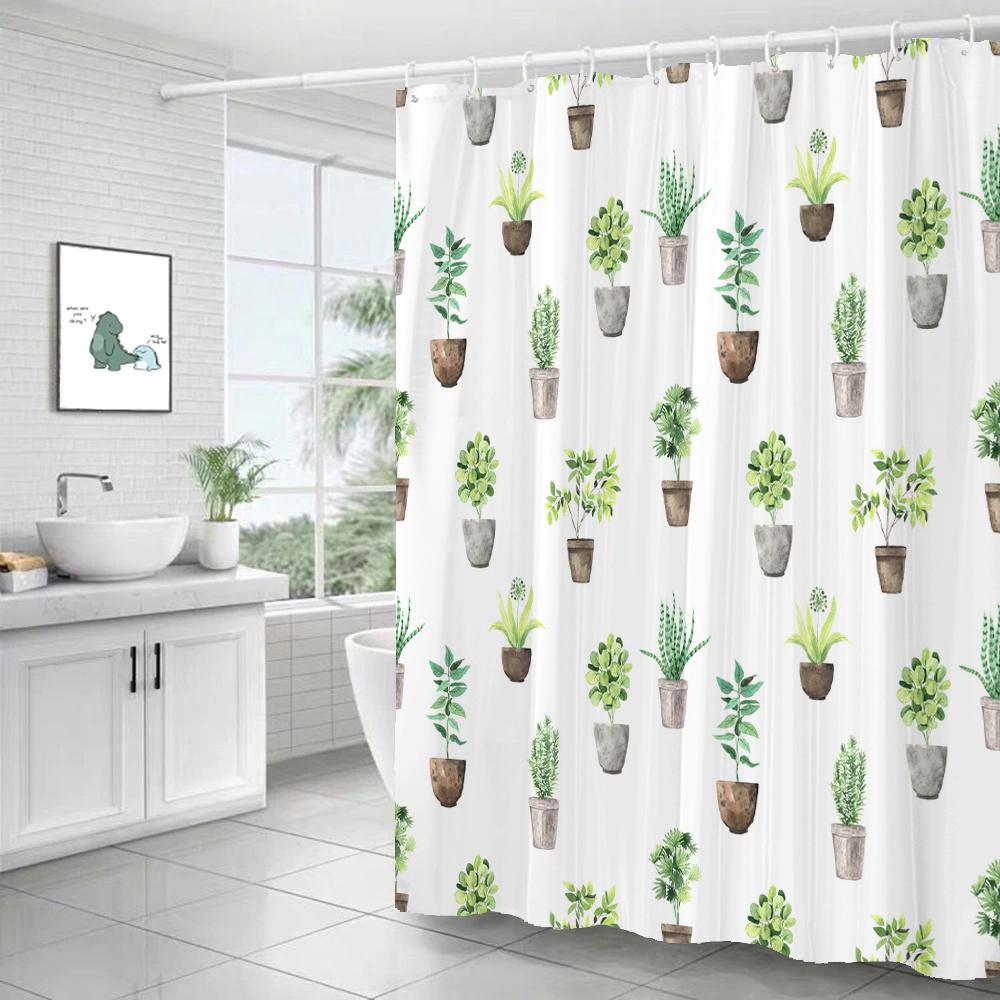 Small Fresh Plant Cactus Leaves Print Shower Curtain Polyester Fabric Bath Curtain With Hooks Curtains For Bathroom Decoration