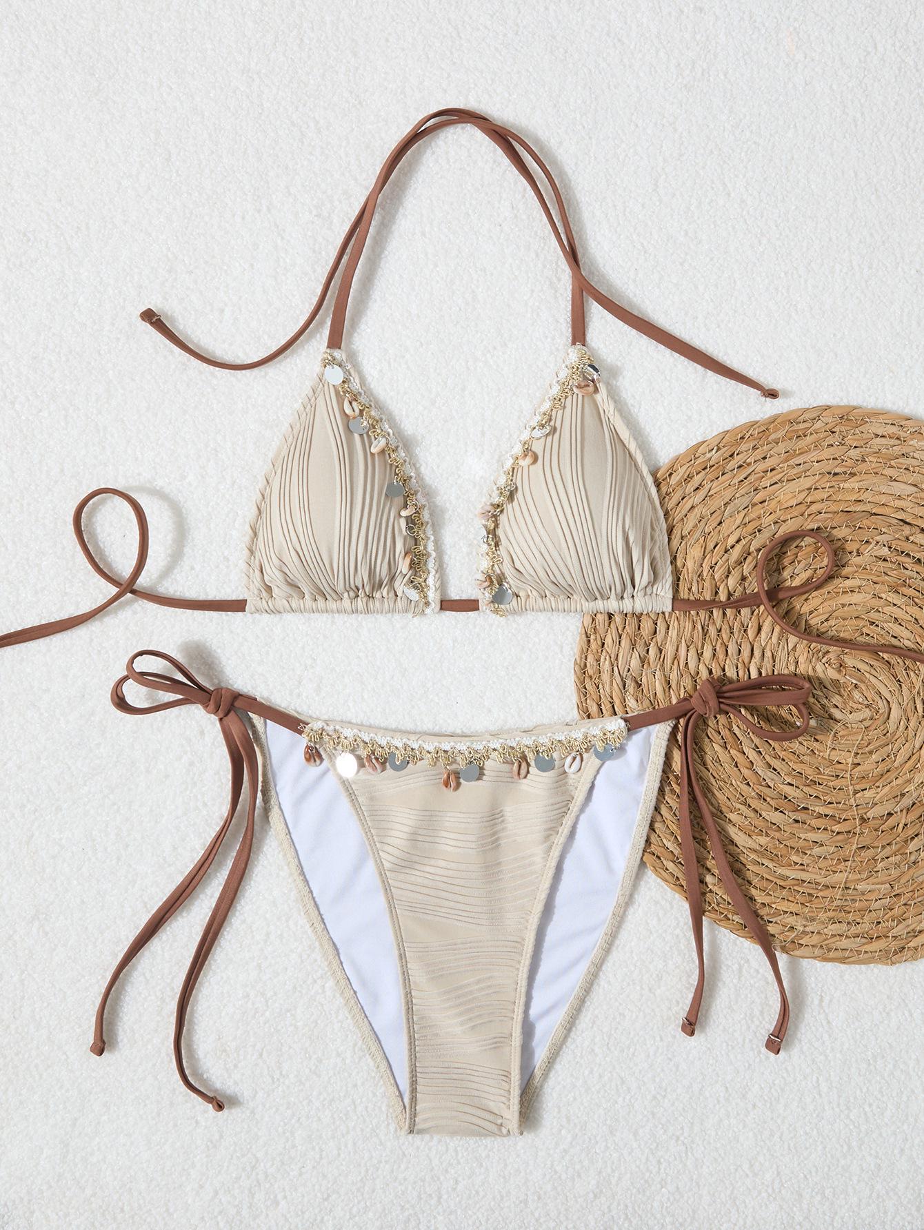 

2025 Европейский и американский однотонный женский сексуальный купальник бикини на шнуровке XL грязно-белый