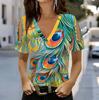 Women V Neck Cold Shoulder Blouse Bright Multicolor Peacock Feather Print Short Sleeve Top