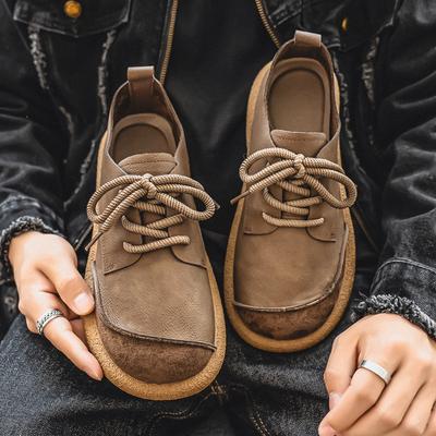 Nieuwe herenlederen schoenen retro en trendy grote teen schoenen laag uitgesneden vetersluiting zachte zool casual schoenen voor mannen