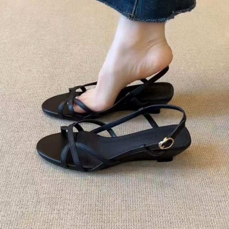 Fashion Retro Soft Leather Hollow Back Strap Open Toe Sandals for Women Summer Fashion Wedge Heel Temperament Round Toe Roman Shoes