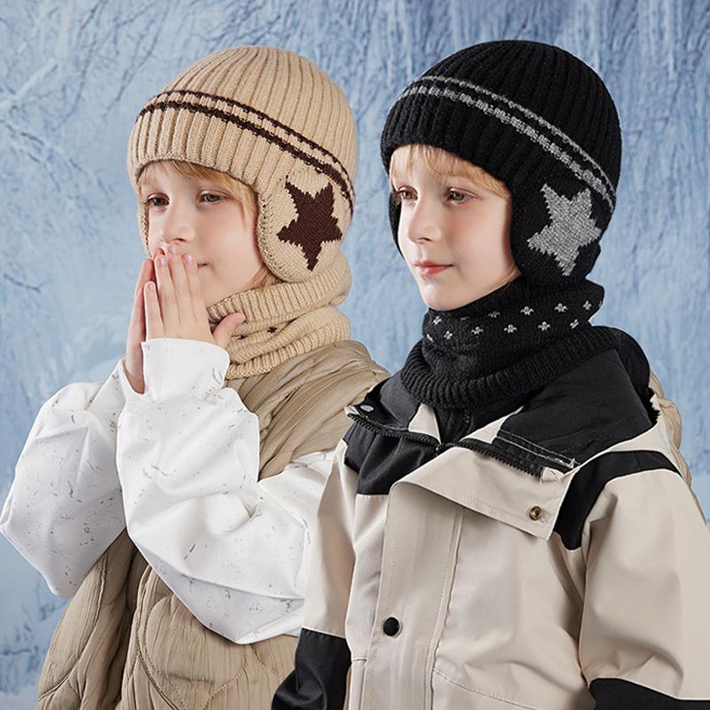 Children's Hat Scarf Suit Winter Velvet Warm Ear Protection Coldproof Knitted Wool Cap Boys Girls Pullover Cap