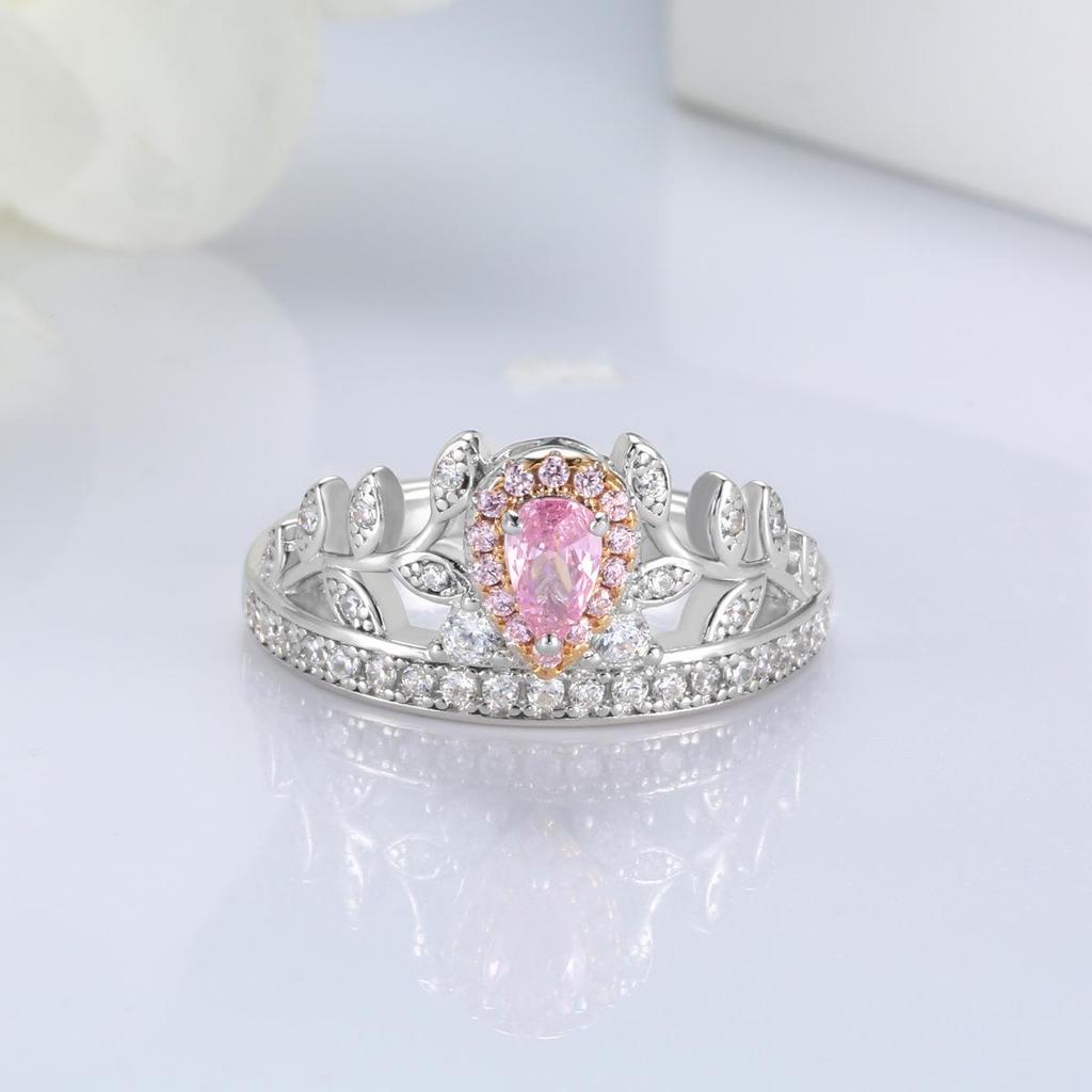 S925 Sterling Silver Crown Ring for Women with Yellow Teardrop Diamond and Pear-Shaped Wheat Ear Design.