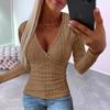 Autumn New Style Pit Button Knitted Pullover V-neck Slim Long-sleeved T-shirt for Women