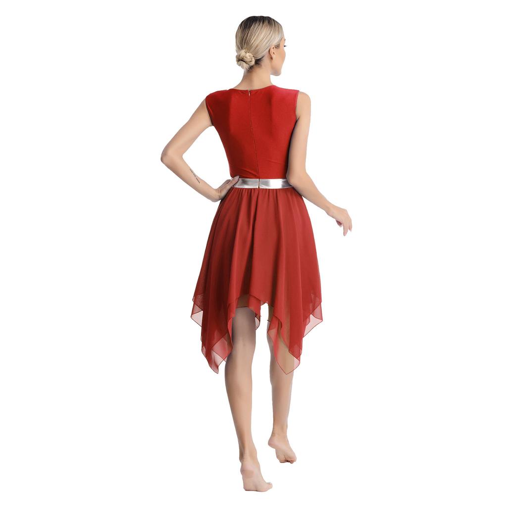 Womens Liturgical Dance Dress Metallic Shiny Cross Sequins Sleeveless Color Block Patchwork Irregular Hem Performance Gown