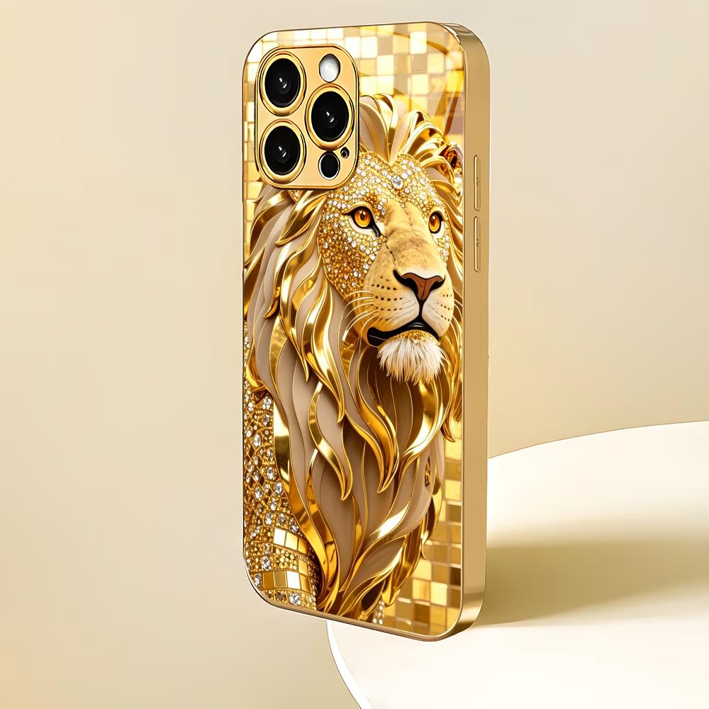 Majestic Golden Lion Metallic Glass Phone Case Suitable for iPhone 17 16 15 14 13 12 11 Pro Max Plus Anti Shock Back Cover