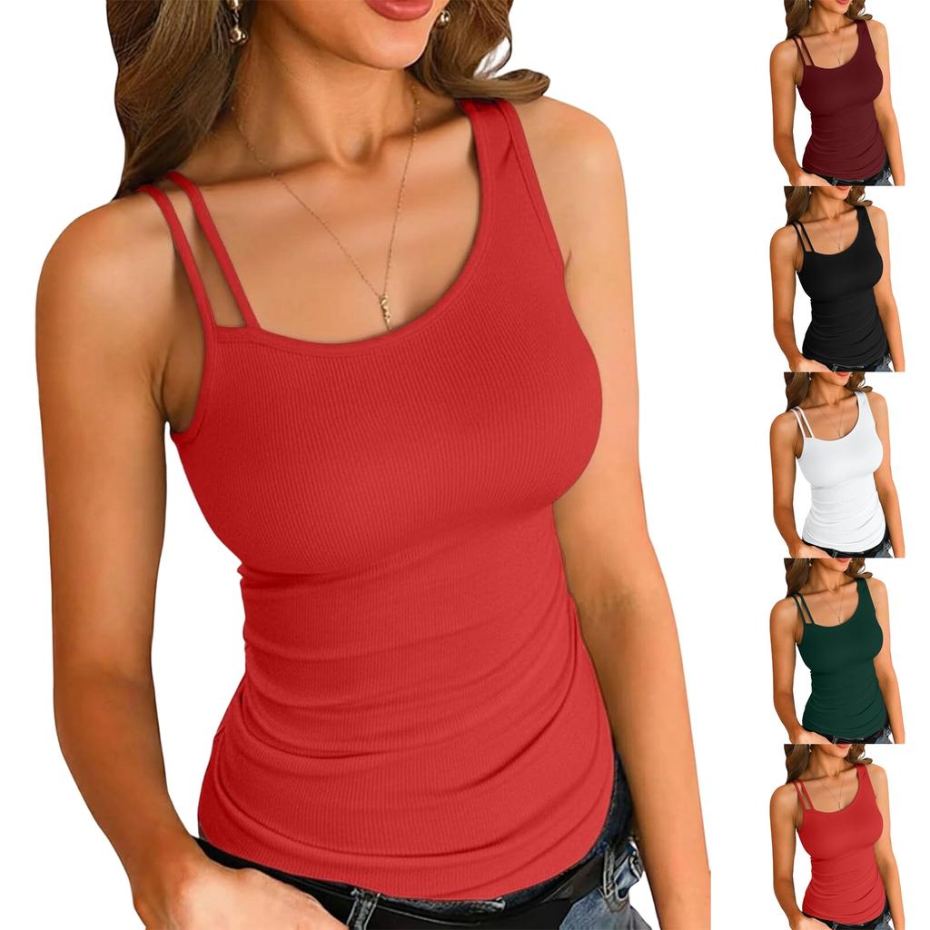 Canottiera Casual da Donna Asimmetrica Senza Maniche a Doppia Spallina Aderente in Maglia a Coste per l'Uso Quotidiano