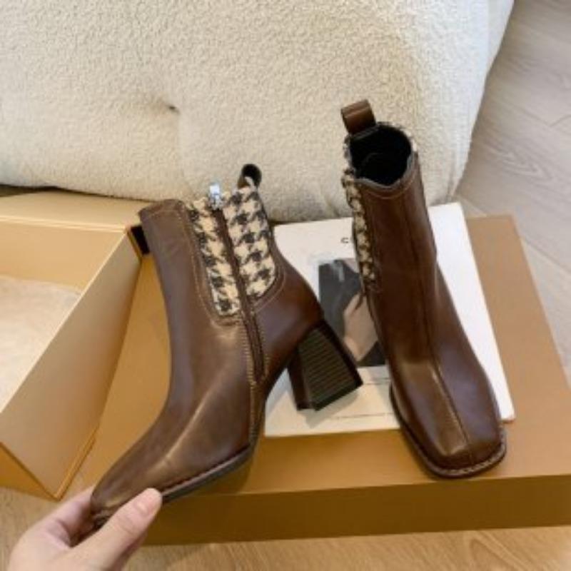 Fleece square head short boots women's winter new splicing women's leather boots mid-heel side zipper women's boots