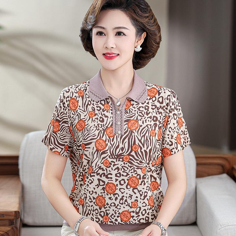 

Stylish Floral Print Lapel Pullover Short-Sleeve T-Shirt for Mature Women – Lightweight, Elastic Summer Top 3XL (for 120-135 Jin) помаранчевий