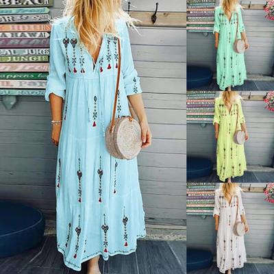 Retro V-Neck Print Maxi Dress Women Fashion Loose Long Sleeve Dress