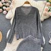 Autumn And Winter Loose V-Neck Knitted Sweater Vintage Pullover Sweater + Mid-Length Half-Body Skirt Two-Piece Set