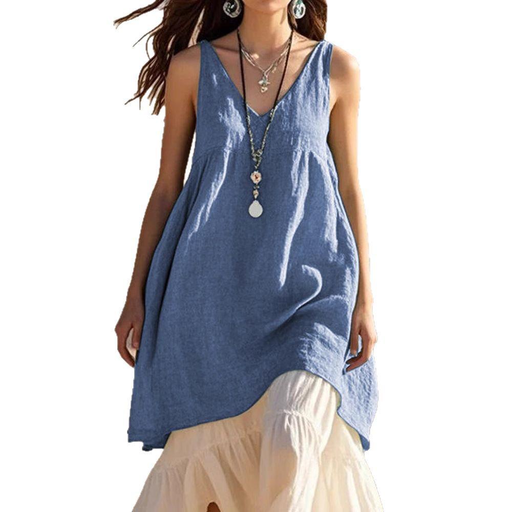 Abito da Spiaggia Casual Estivo da Donna con Scollo a V Senza Maniche in Cotone e Lino