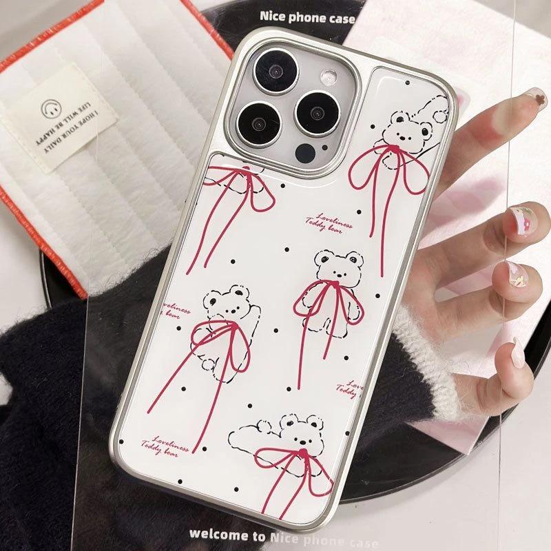 Japan and South Korea Ins Long Bow Bear Is Suitable for Apple 16/17 Mobile Phone Case iPhone14 Water Condensation 13 Electroplating 15 Sets