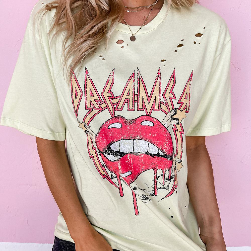 Hip Hop Style Hollow Graphic T-shirt Summer Women Loose Personality Top