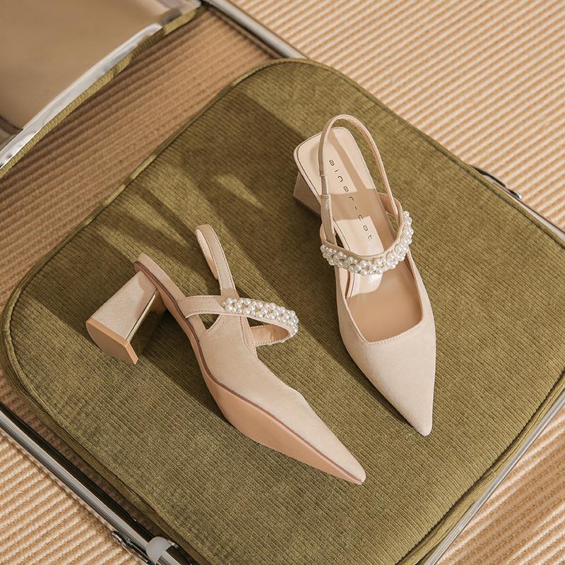 

61205 [овчина] туфли-лодочки на высоком каблуке женские 2025 новые baotou жемчужное слово с сандалиями на толстом каблуке 39