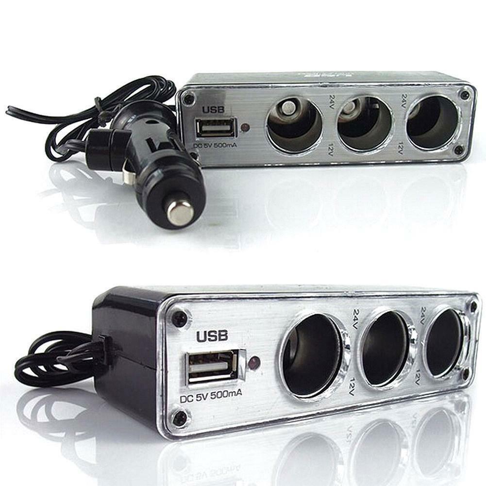 12V/24V 3 Way Multi Socket Car Cigarette Lighter Splitter USB Plug Charger Triple Adapter With USB Port Car Accessories