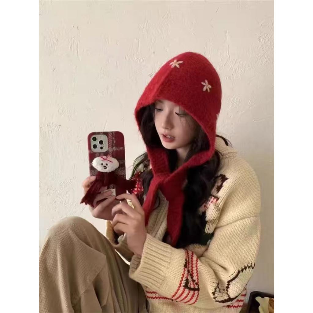Red Hat Women's Autumn/Winter Warm Knitted Hat Scarf One Piece Hooded Neck Knitted Hat Winter