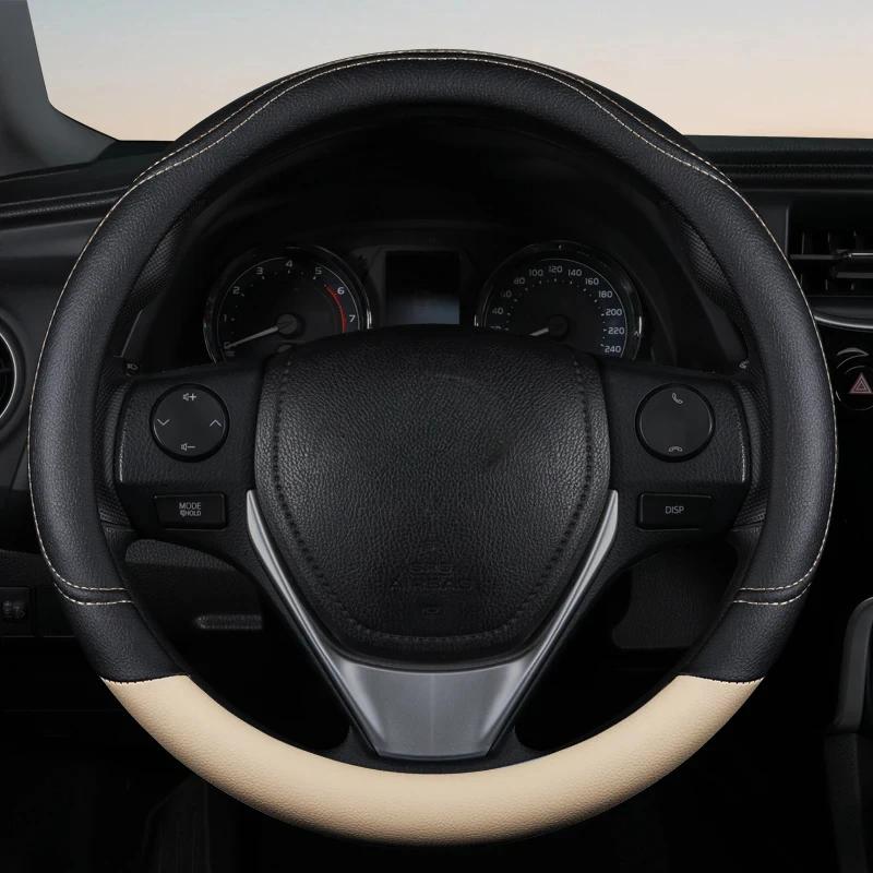 

1PC New PU Leather Splicing Leather Anti-slip Wear Four Seasons Universal Steering Wheel Cover Black pink fang-PU-Black Beige