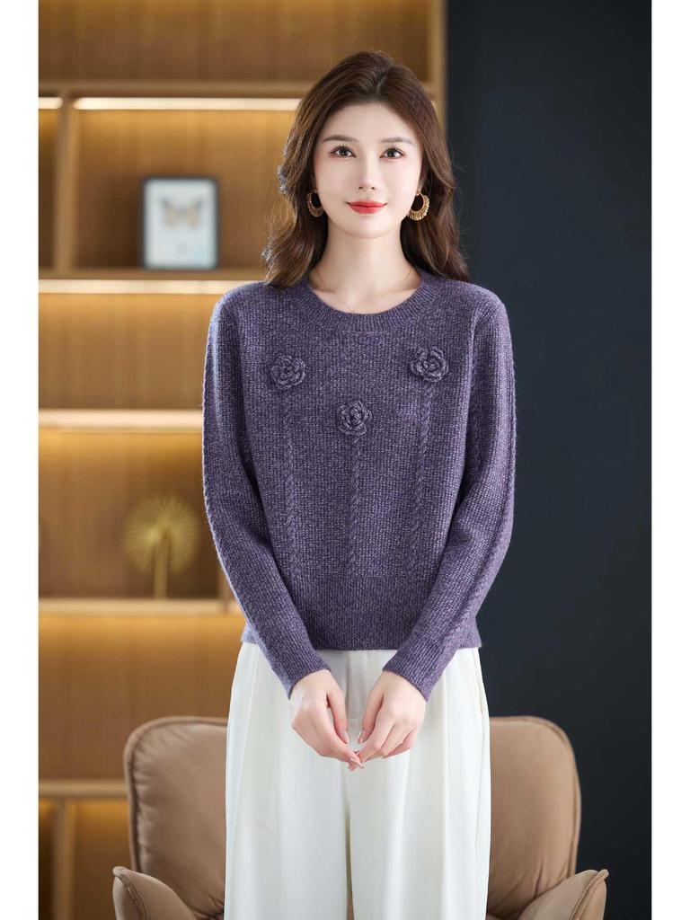 3D Flower Woolen Sweater - Women's Round Neck Autumn & Winter Versatile Base Shirt