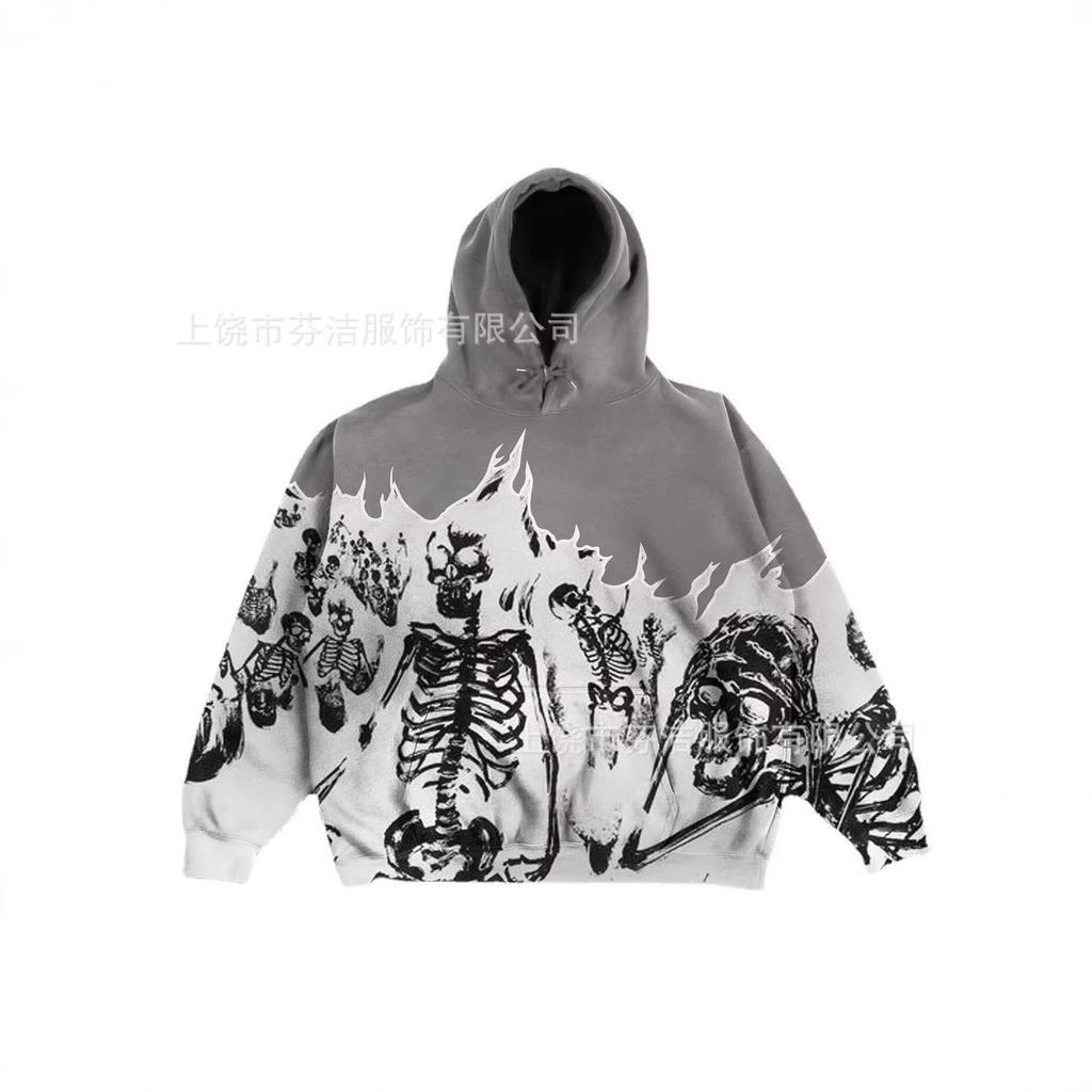 American high street skull skeleton hooded sweater men's and women's trendy brand loose dark street pullover