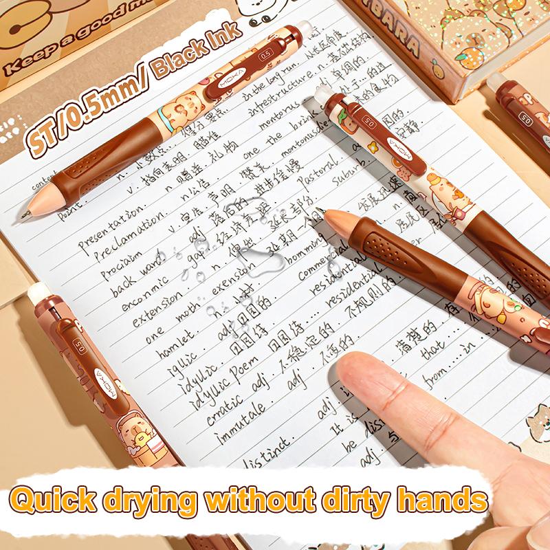 4 ks Roztomilé kreslené mazatelné pero s kapybarou a pandou Píše hladce Rychleschnoucí pera Studentské psací potřeby Kancelářské potřeby Dárky