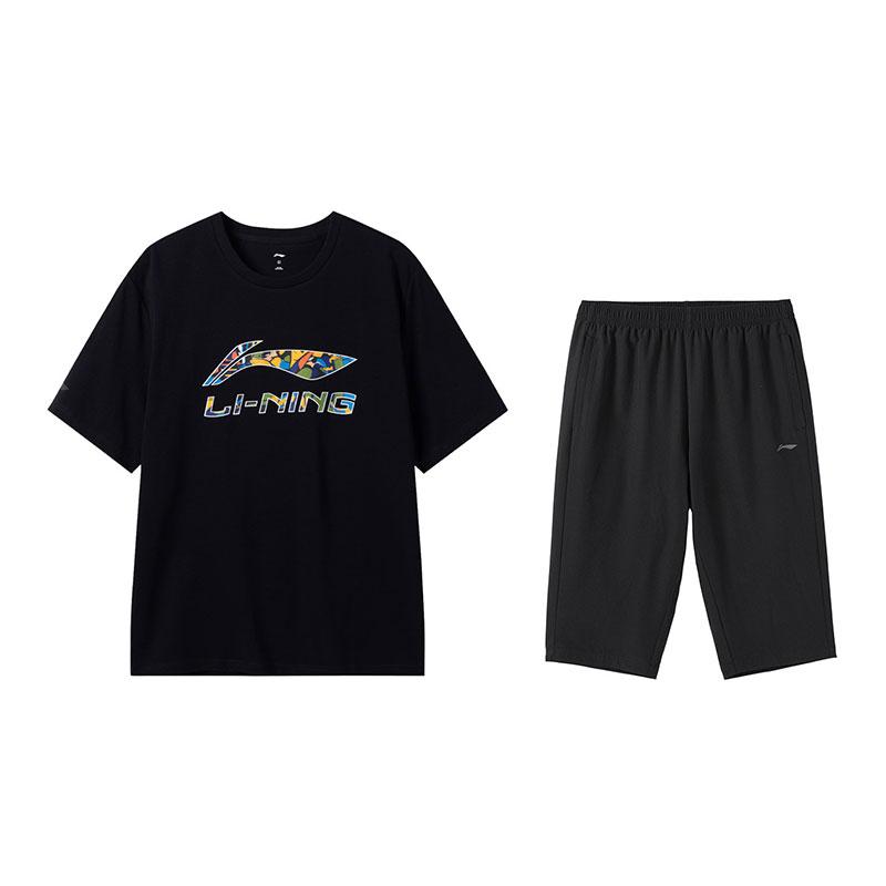 Li-Ning Summer Fashion Short Sleeve T-Shirt Comfortable Casual Three-Quarter Pants Sports Set Men Sets Black W843-1+W025-1