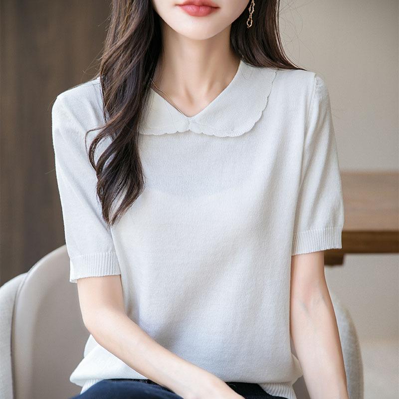 

Кукольный воротник Футболка из ледяного шелка Рубашка Новый летний свитер С коротким рукавом Омолаживающий топ M белый