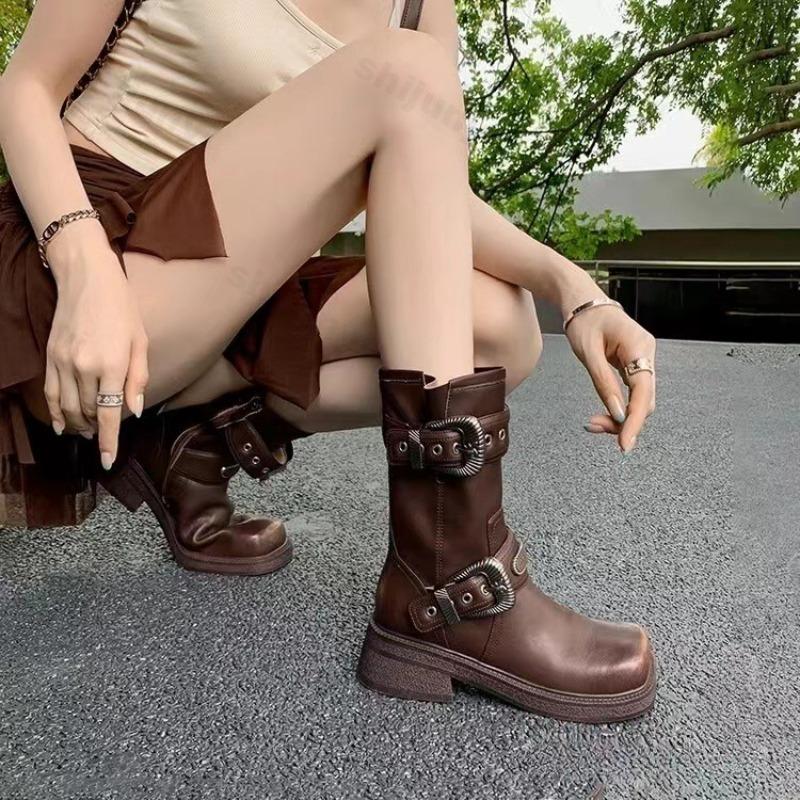 Fashion Women Short Boots 2025 New Autumn Square Toe Low Heel Straps Cowboy Knight Boots Fashion Platform Buckle Ankle Boots Botas Mujer