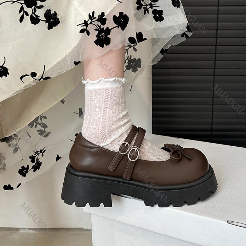 Fashion Bow Retro Versatile Shallow Mouth Single Shoes Spring Autumn Brown Round Head Pumps Comfortable Thick Bottom Loafers for Women