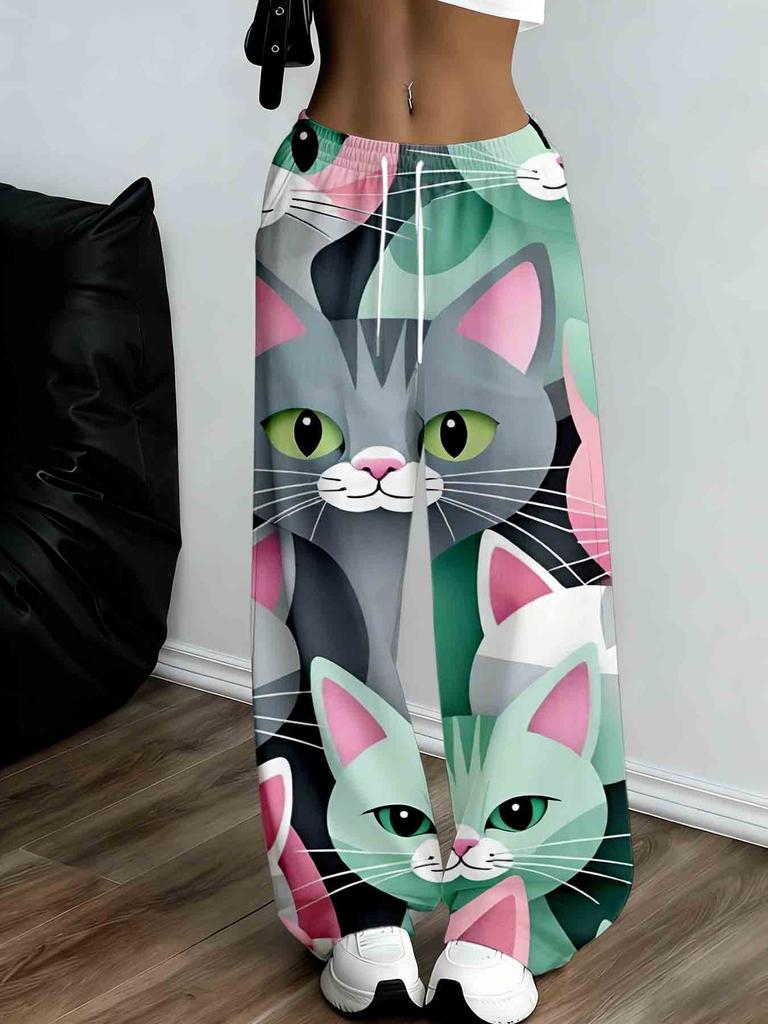 Ladies Cat Printed Sweatpants - Loose Version Jogging Belt Kitten Pattern