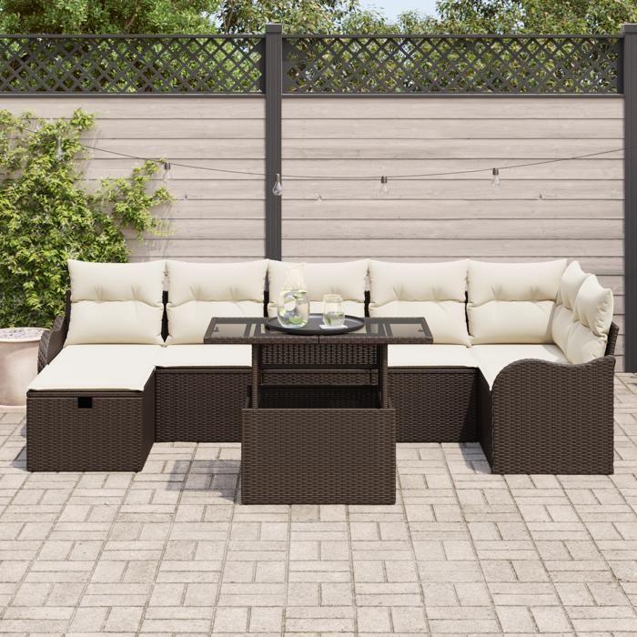Ensemble de Canapés de Jardin 8 Pièces avec Coussins Marron Poly Rattan, Canapé de Jardin 2 Places avec Coussins Marron Poly 3359725