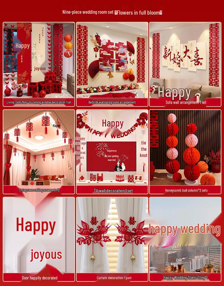 Double Happiness Wedding Room Cloth Banner Set for Ceremony and Hotel Décor